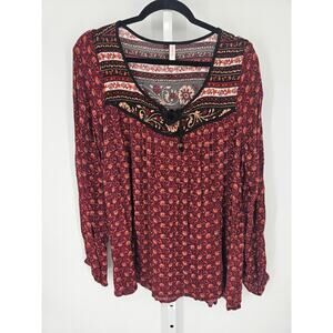Xhilaration Women's Red Floral Pattern Long Sleeve V-neck Tied Top Size XXL